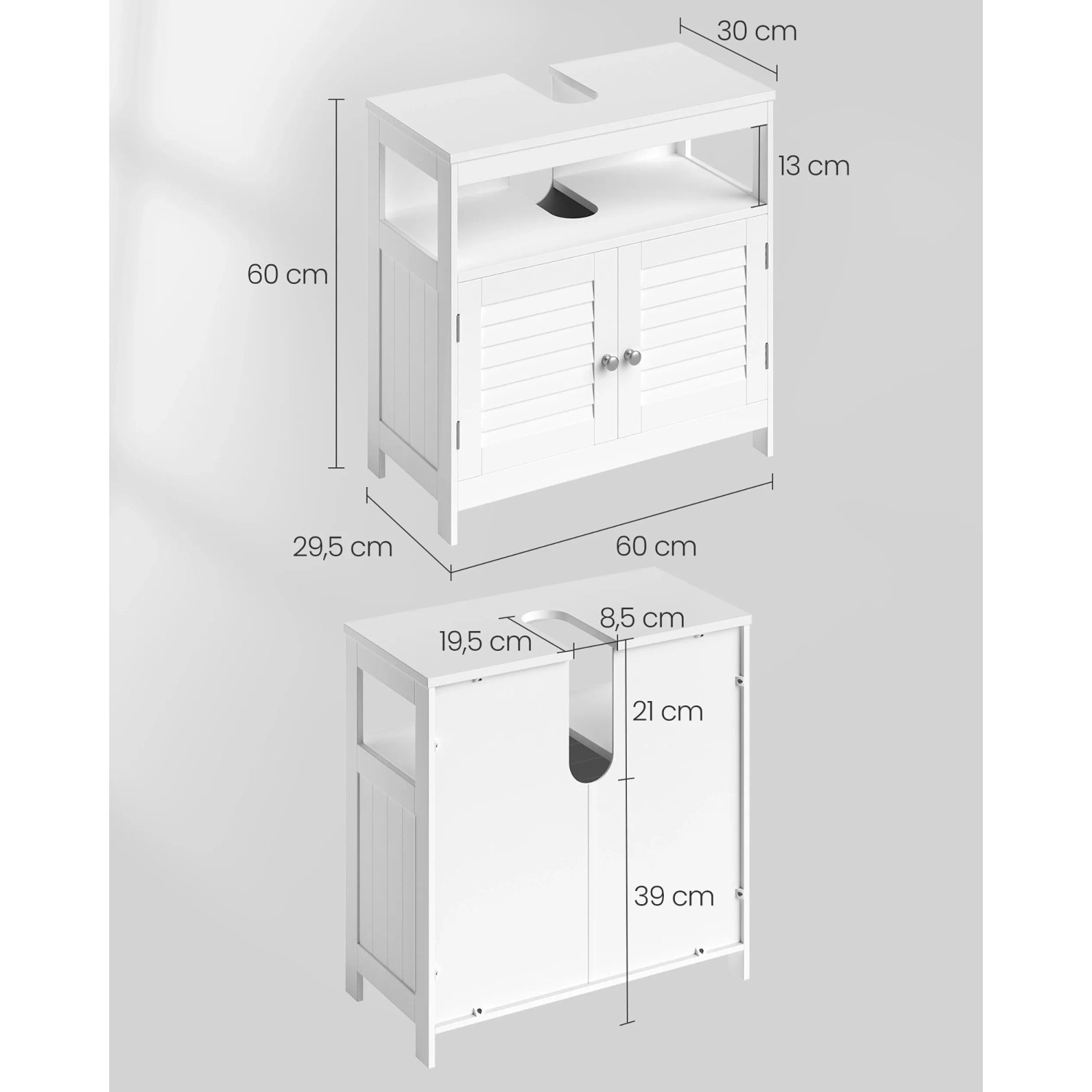 Songmics Waschbeckenunterschrank Saggio, weiß, mit Maßen und Lamellentüren.