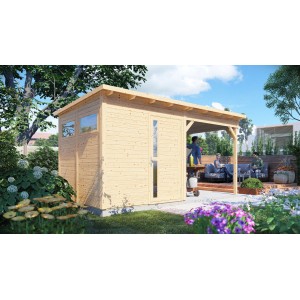 Bertilo Gartenhaus Pentus 2 Lounge aus Holz mit Anbau und überdachter Terrasse.