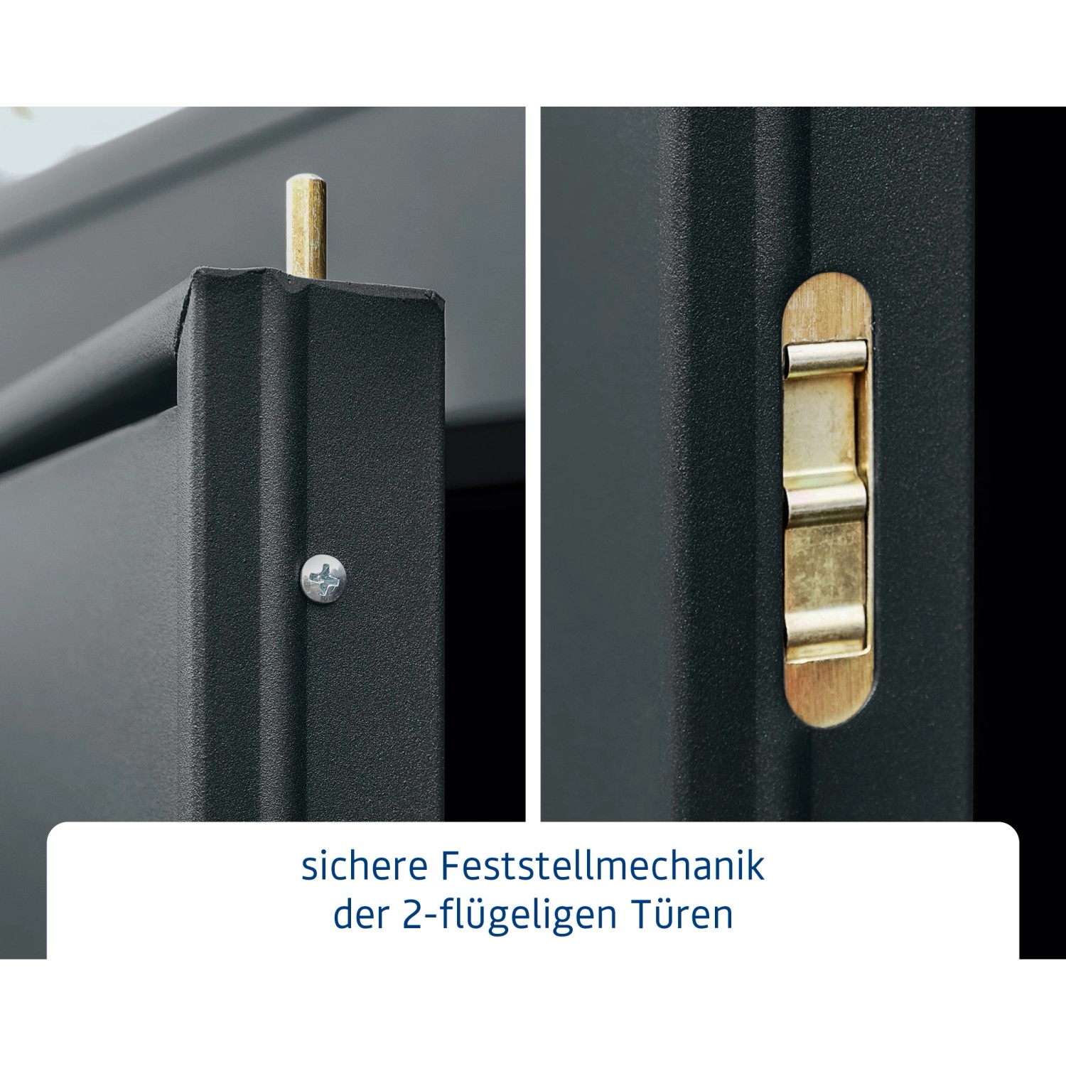 Detailaufnahme: Türriegel und Feststellmechanik des Ecostar Gerätehauses Elegant in Anthrazitgrau.