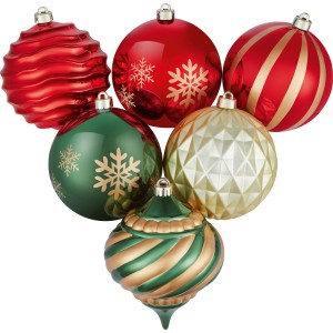 6-teiliges Baumschmuck-Set in Rot, Weiß und Grün mit Kugeln und Ornamenten.