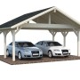 Palmako Doppelcarport Robert aus Holz, tauchgrundiert braun, mit zwei Autos. Carport für zwei Stellplätze.