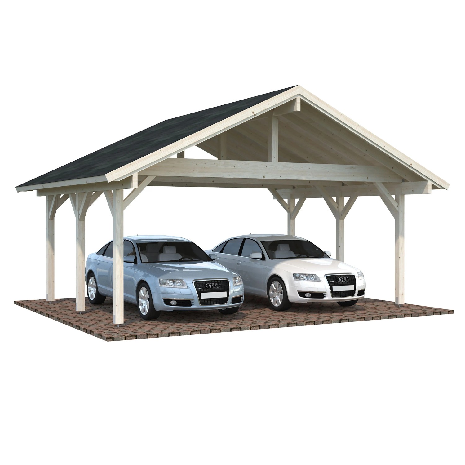 Palmako Doppelcarport Robert aus Holz, tauchgrundiert braun, mit zwei Autos. Carport für zwei Stellplätze.