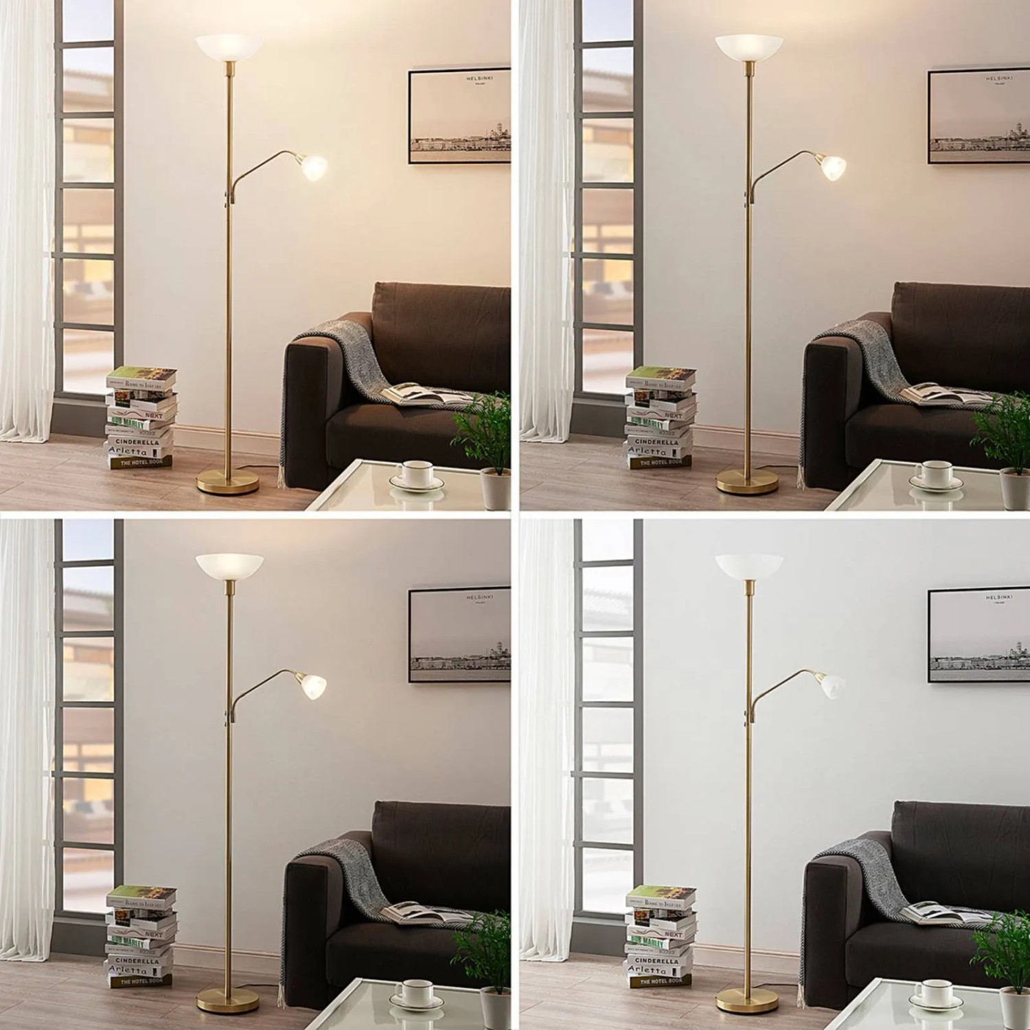 Goldene Lindby Stehlampe Jost mit Leselicht, 180cm hoch, für Wohnzimmer.