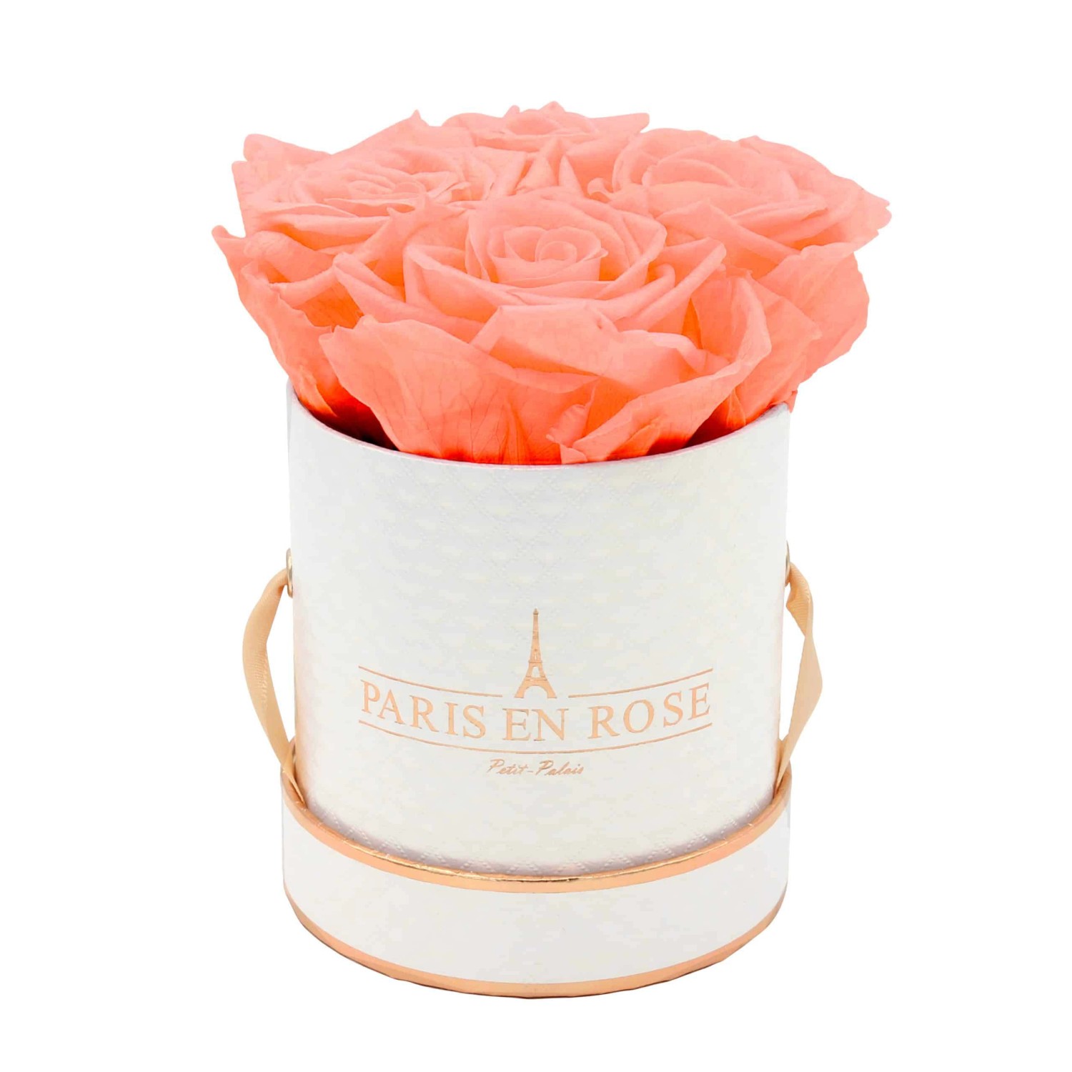 Rosenbox Ø 10 cm Weiß-Roségold Deluxe mit 4 Apricot Rosen