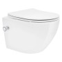 Weißes, spülrandloses LuxeBath Wand-WC mit Bidet-Funktion, kurze Ausführung.