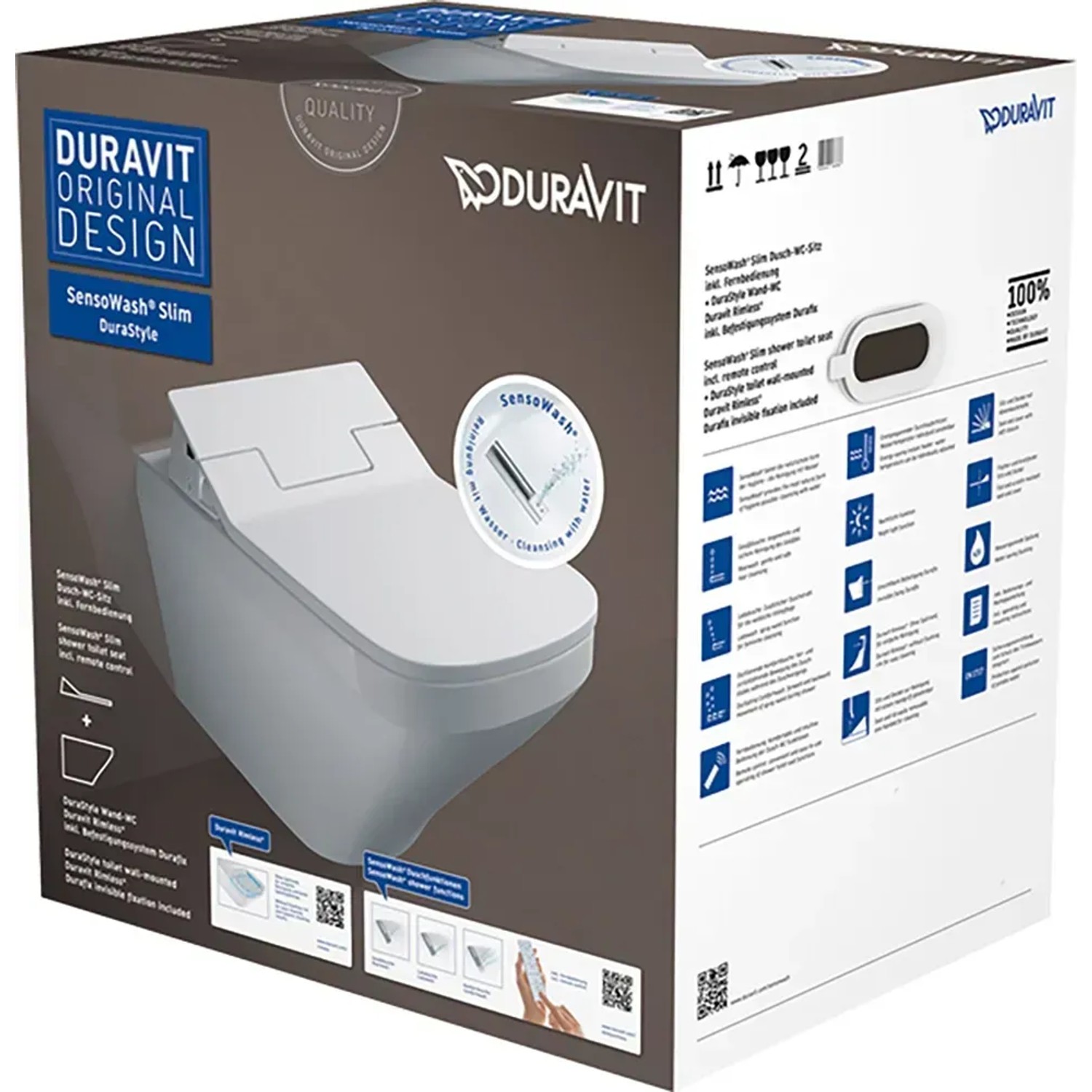 Verpackung des Duravit WC-Set SensoWash Slim mit DuraStyle Wand-WC, spülrandlos.