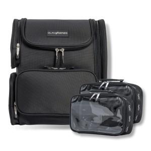 Schwarzer Glamseries Glampacker Make-up Rucksack mit zwei transparenten Kosmetikbeuteln. Ideal für Aufbewahrung & Ordnung.