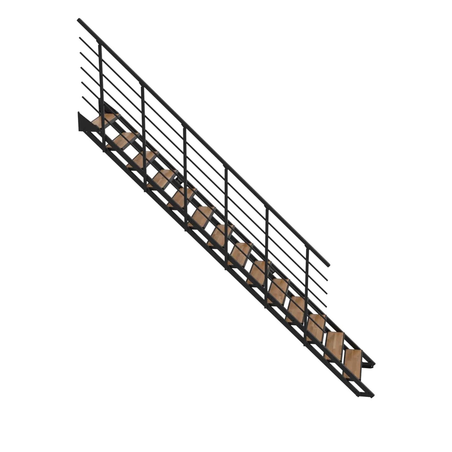 Minka Raumspartreppe Flex Hybrid: Schwarze Metalltreppe mit 14 Eiche-Design-Stufen und Geländer für Innenbereiche.