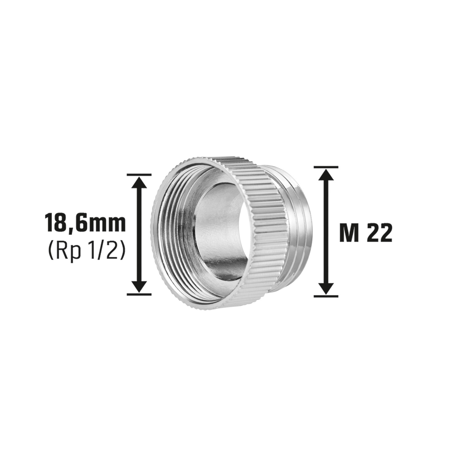 Übergangsstück M22 x Ø 21 mm (Rp 1/2) aus verchromtem Messing für Auslaufventile.