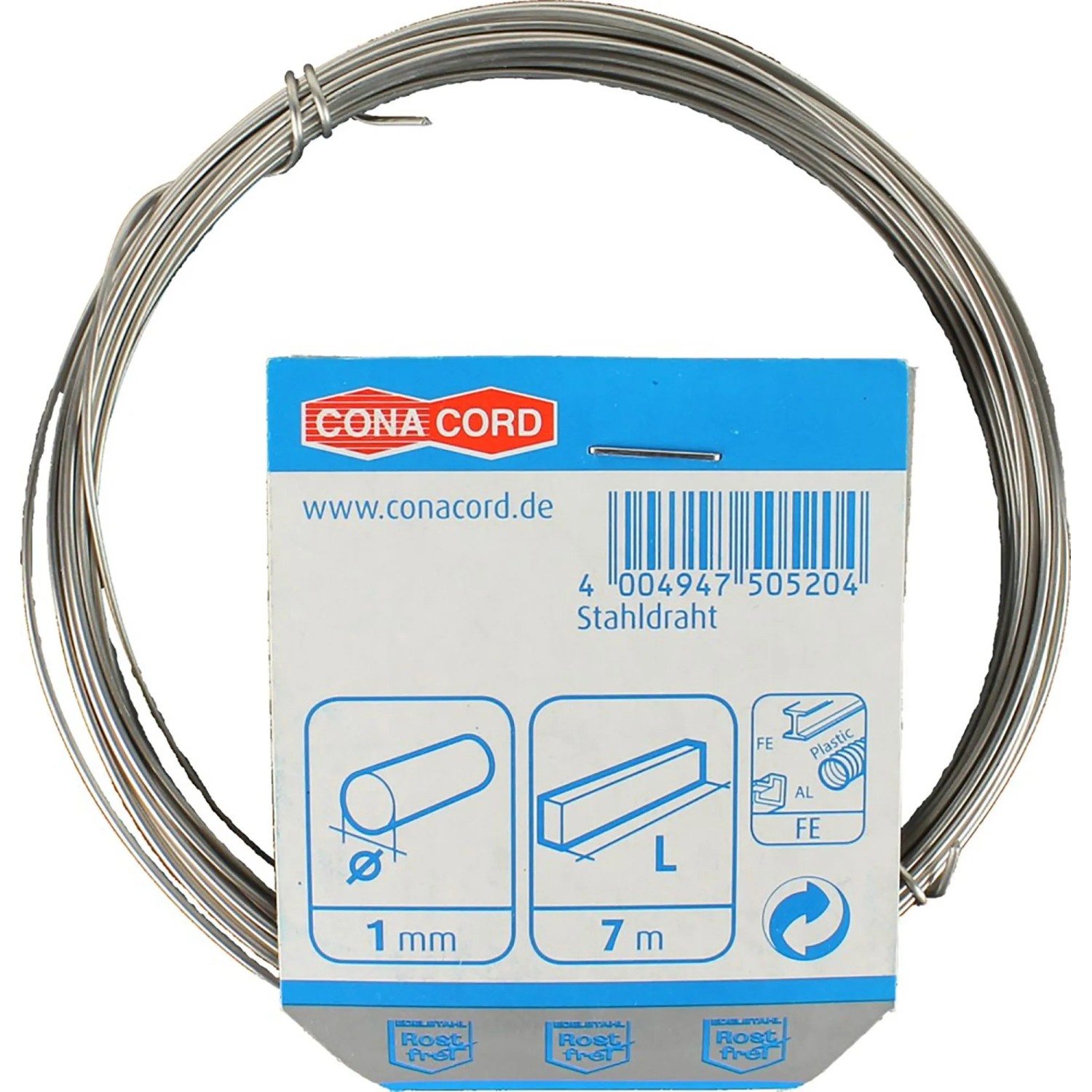 Conacord Stahldraht V2A Stahl Rostfrei Ø 1 mm Länge 7 m