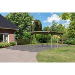 Karibu Einzelcarport Eco aus Holz mit PVC Dachplatten im Garten.