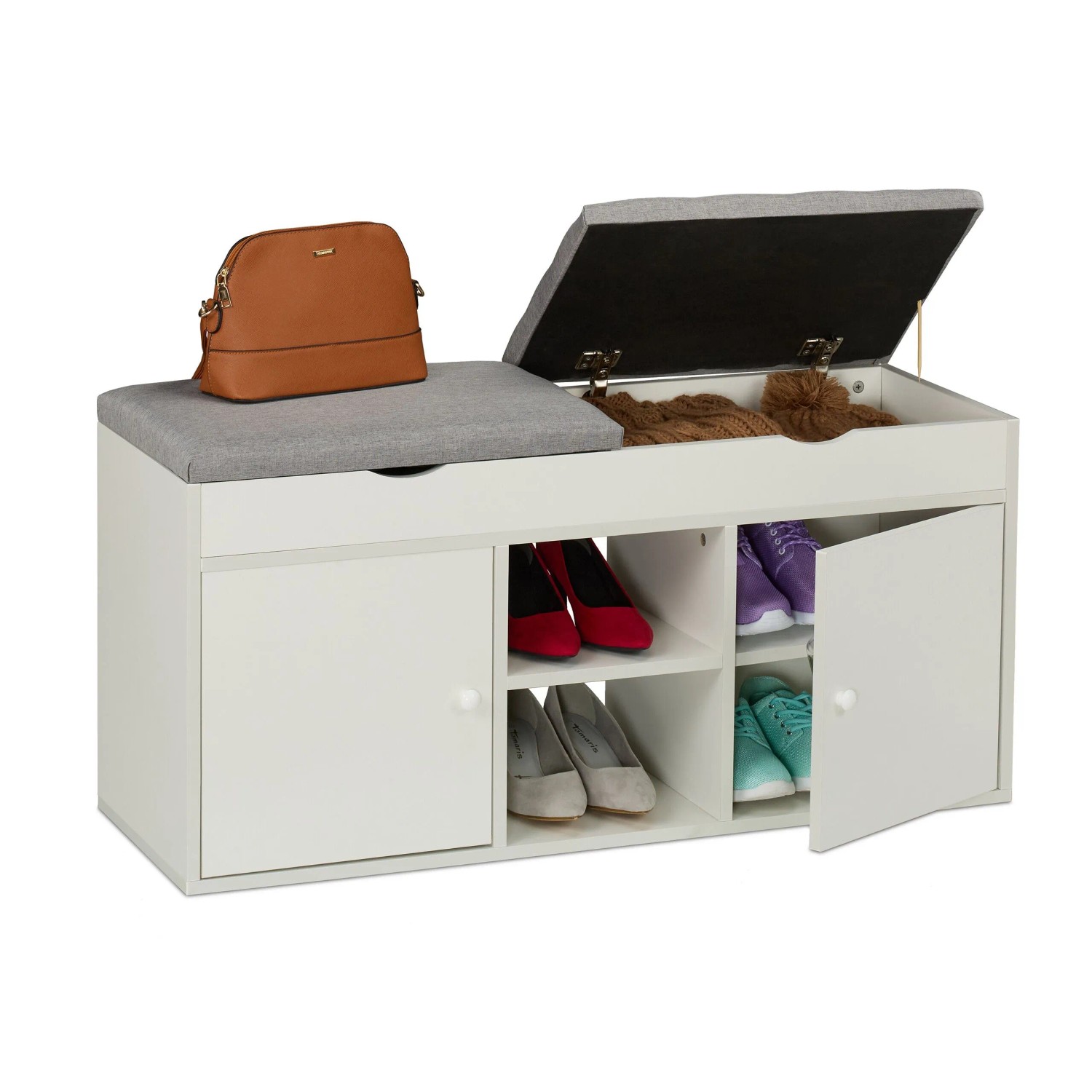 Relaxdays Schuhbank MDF Weiß Grau Klappbar Gepolstert 49,5 cm x 100 cm x 34 cm 25,6 kg