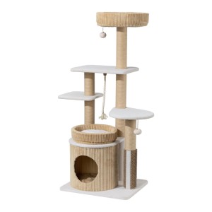 Beiger Wiltec Fudajo Forest Oak Kratzbaum, 138 cm, mit mehreren Ebenen, Katzenhaus, Kuschelbetten, Spielzeug und Papierseil.