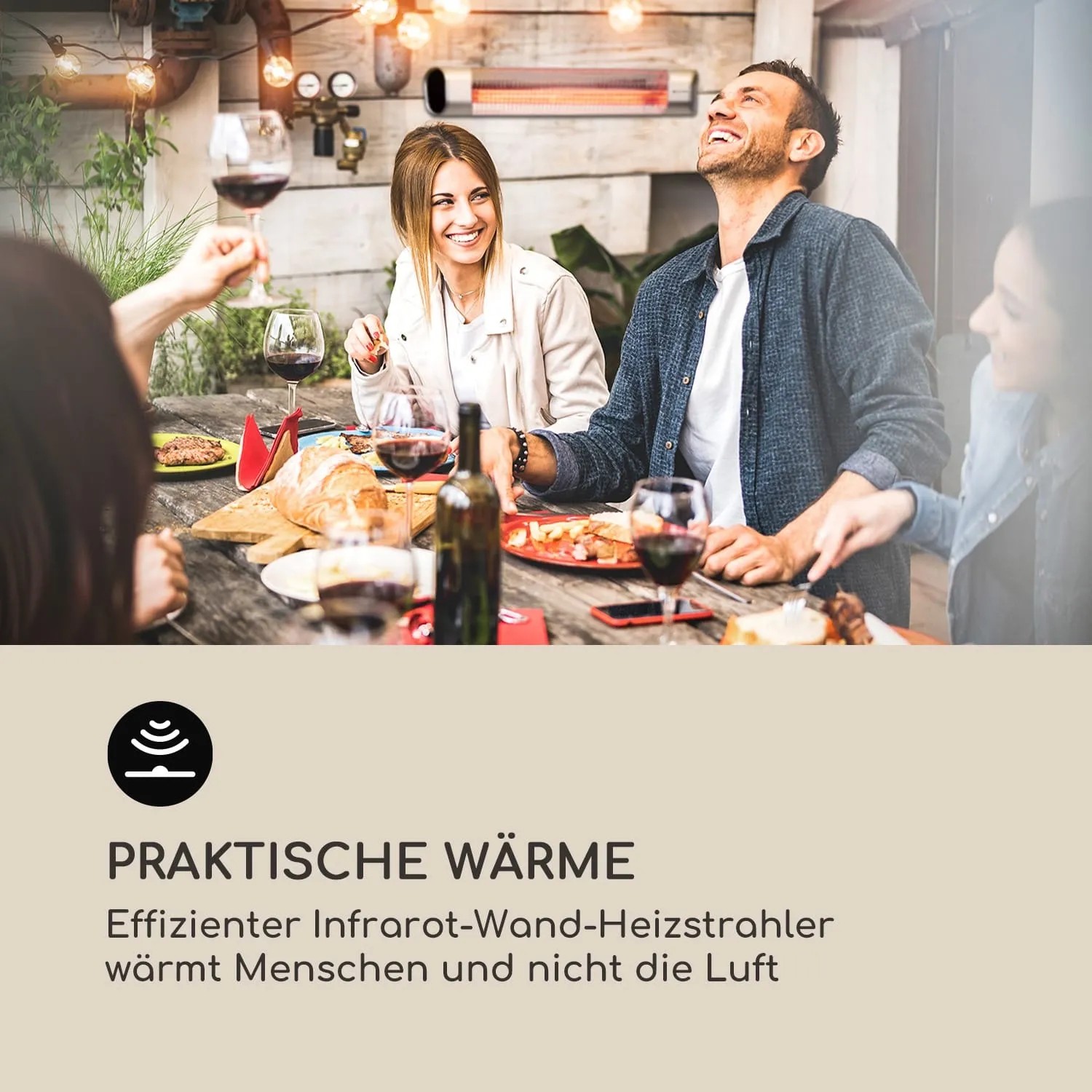 Gruppe genießt Wärme unter Blumfeldt Infrarot-Heizstrahler auf Terrasse.