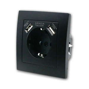 McPower FLAIR Schutzkontakt Steckdose 2xUSB A Schwarz mit Rahmen