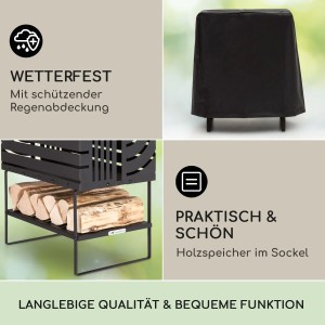 Blumfeldt Krakatoa Feuerkorb mit Holzablage, Abdeckung und Laser-Cut-Design.