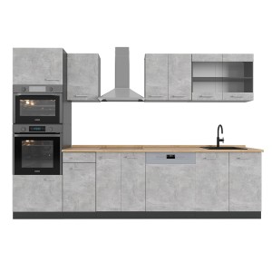 Moderne Vicco Küchenzeile R-Line in Beton/Anthrazit mit Eiche Arbeitsplatte, 300 cm breit.