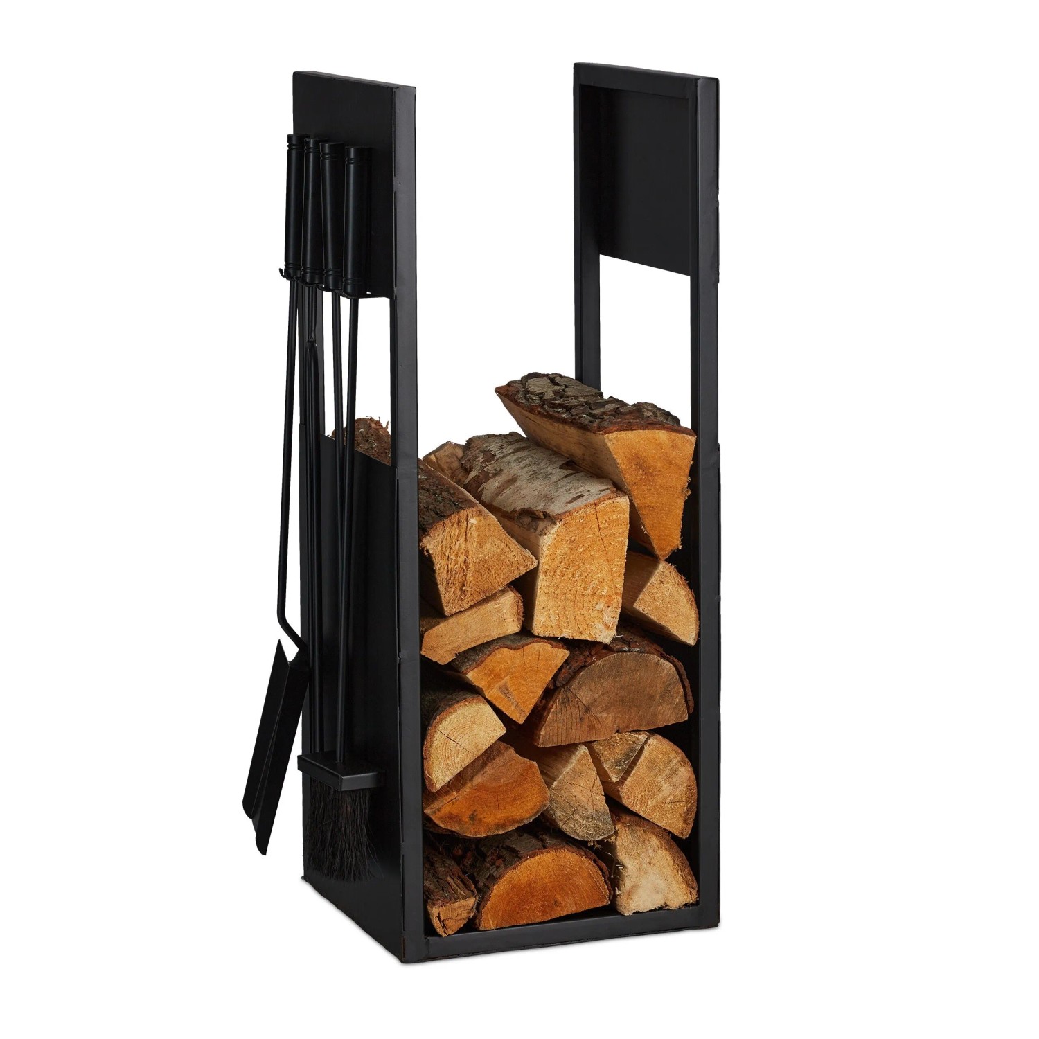 Relaxdays Kaminholzregal mit Kaminbesteck Schwarz 76,5 cm x 36 cm x 30 cm