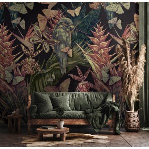 Marburg Fototapete Smart Art Gallery Floral Modern Schwarz mit Vogel und Schmetterlingen.