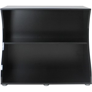 Offener, schwarzer Fluval Aquariumunterschrank Flex 123 l mit zwei Ablageflächen.