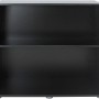 Offener, schwarzer Fluval Aquariumunterschrank Flex 123 l mit zwei Ablageflächen.
