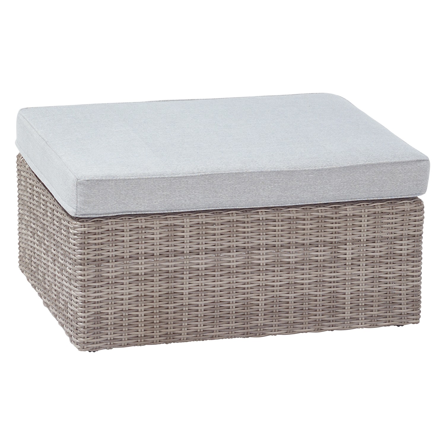 Hocker des Lounge-Sets Olea: Polyrattan in Sand, Kissen in Grau. Gartenmöbel für entspanntes Sitzen.