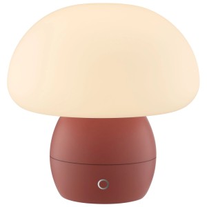 Rote LED-Tischleuchte Dupos in Pilzform mit leuchtendem Schirm und Touch-Bedienung. Modernes Design.