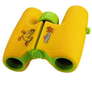 Gelbes DieMaus Kinderfernglas 6x21 mit Ente-Motiv und grünem Mitteltrieb.