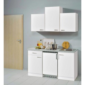Flex-Well Küchenzeile Wito, 150 cm, Weiß, mit Spüle, Kochfeld und Kühlschrank.