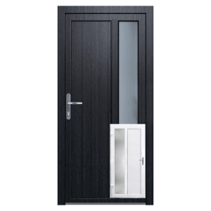 Panto Nebeneingangstür K511, links, weiß/anthrazit mit Glaseinsatz und kleiner Tür