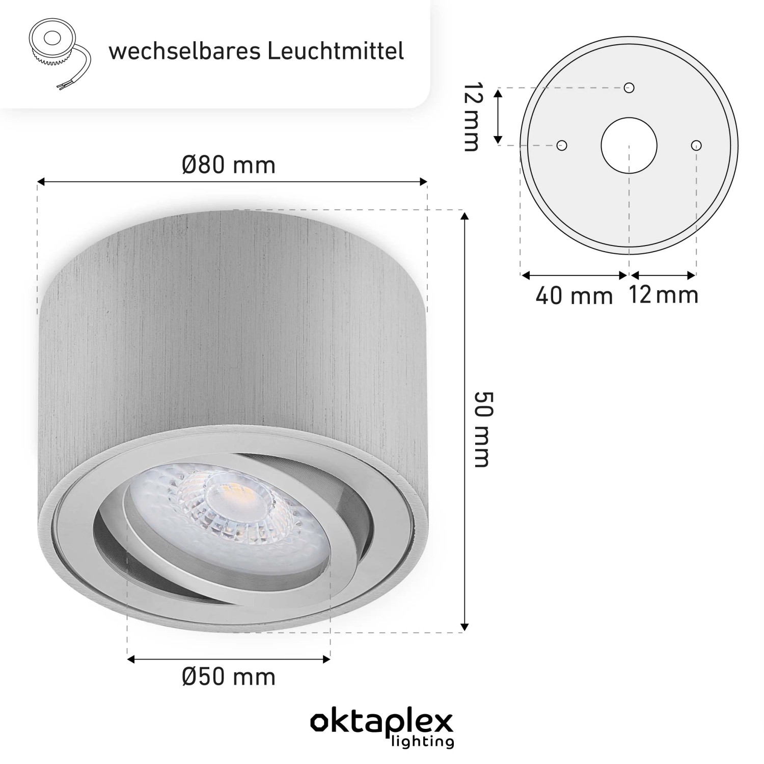 Oktaplex 9er Set LED Spots Lile S, dimmbar, warmweiß, Alu gebürstet, Maße siehe Bild.