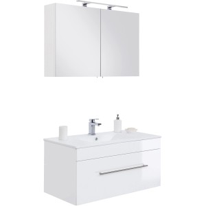 Posseik Badmöbel-Set Viva, 100 cm, Weiß Hochglanz, 2-teilig mit Waschbeckenunterschrank und Spiegelschrank.