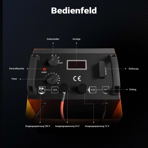 Detailansicht des Wiltec Batterieladegeräts Booster mit Bedienelementen und Anschlüssen.