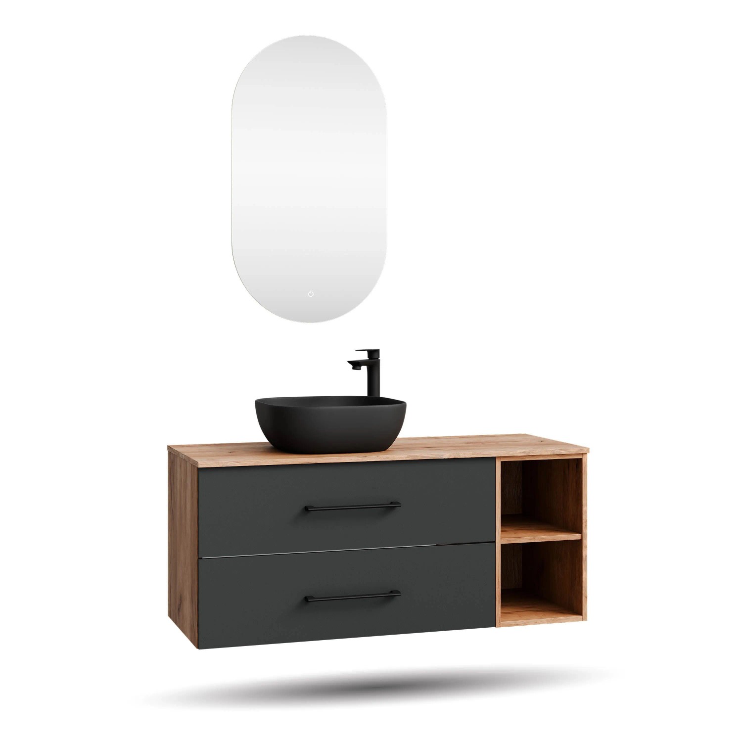 Planetmöbel LUX Badmöbel Set 120 cm mit Aufsatzwaschbecken 42,5 cm Schwarz LED Spiegel Soft Close