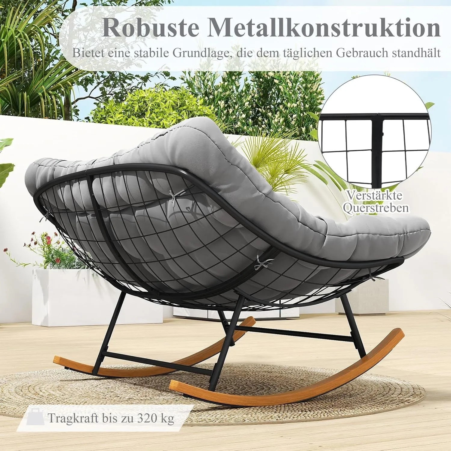 Costway Schaukelstuhl für 2 Personen mit grauem Kissen und Metallgestell.