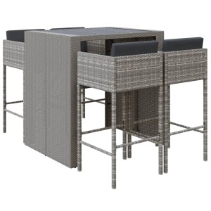 Graues 5-tlg. vidaXL Gartenbar-Set aus Polyrattan mit Tisch, Hockern und Kissen.