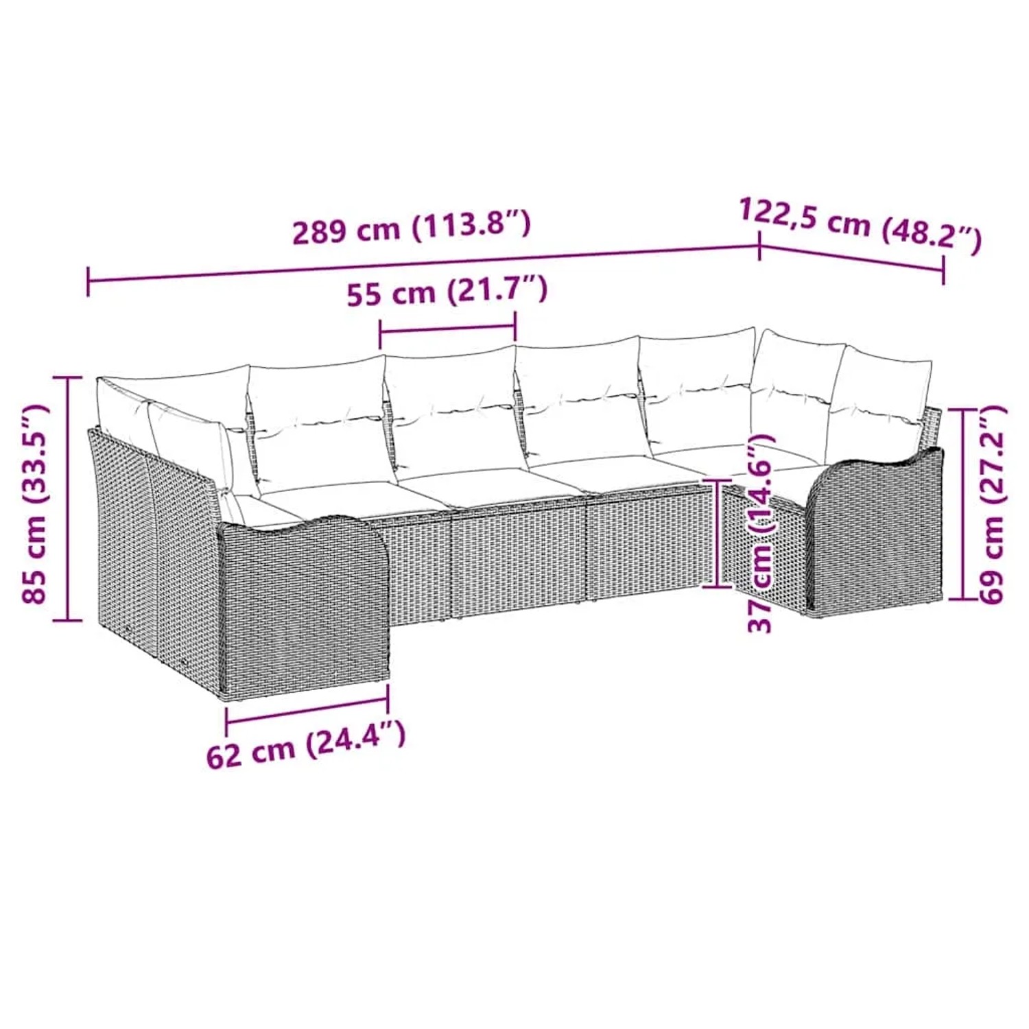 vidaXL Garten-Sofa-Set, 7-teilig, schwarz, Poly Rattan, mit Maßen. Ideal für Garten und Terrasse.