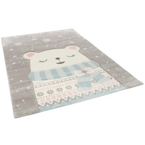 Grauer Kinderteppich 140x200 mit Schnee Bär Motiv für Kinderzimmer.