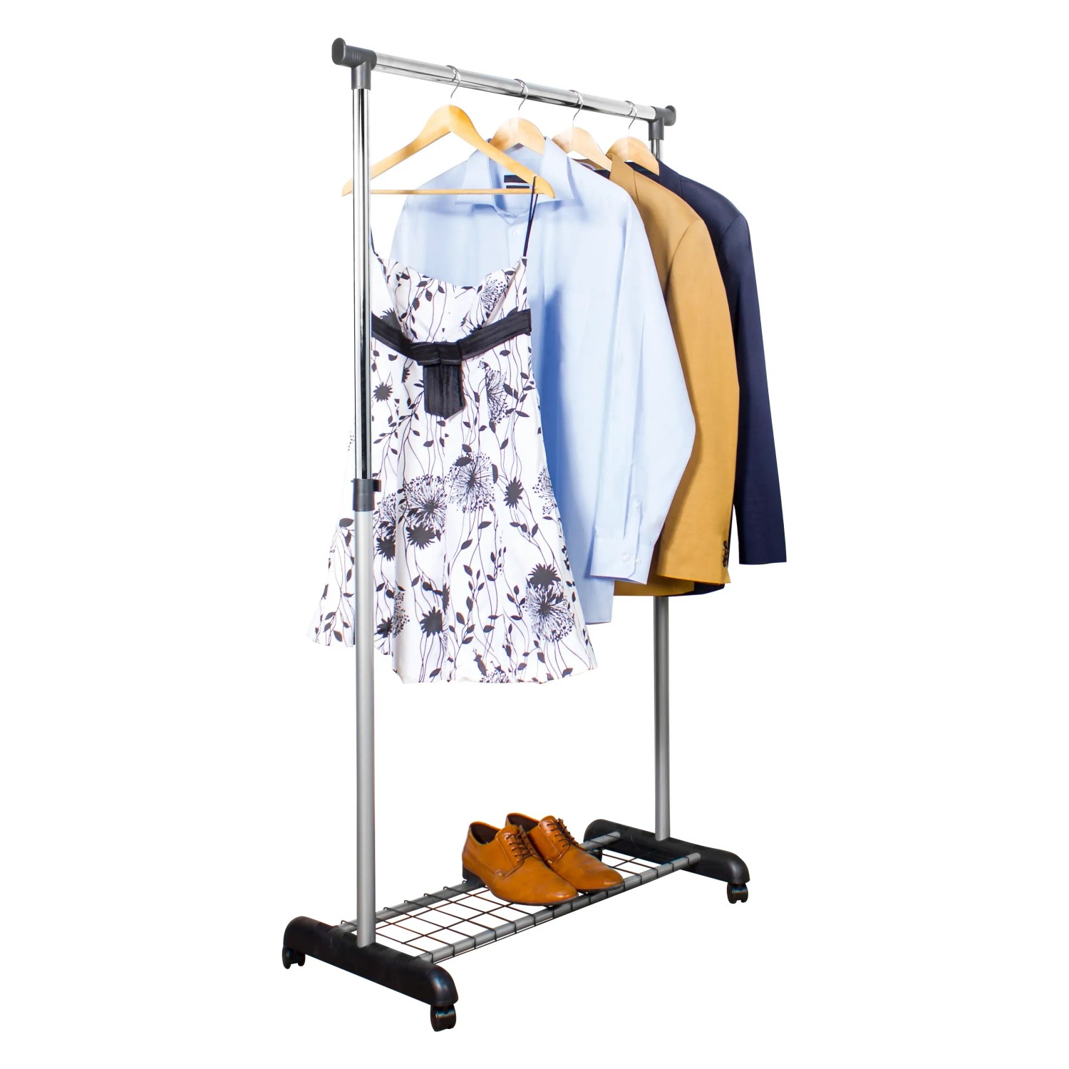 Verstellbare Rollgarderobe mit Kleidung und Schuhablage für textile Aufbewahrung.