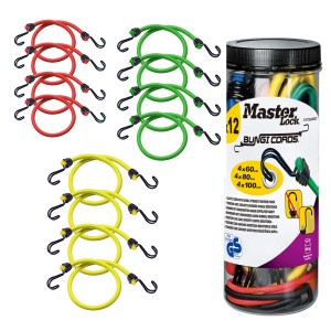Master Lock Spannseil Set, 12-teilig, bunt, mit Aufbewahrungsdose. Spanngurte in verschiedenen Längen.