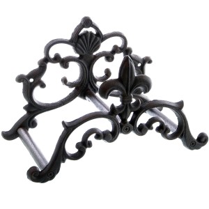 Schwarzer Wandschlauchhalter aus Gusseisen mit Lilien-Motiv, 18 cm, für Gartenschläuche.