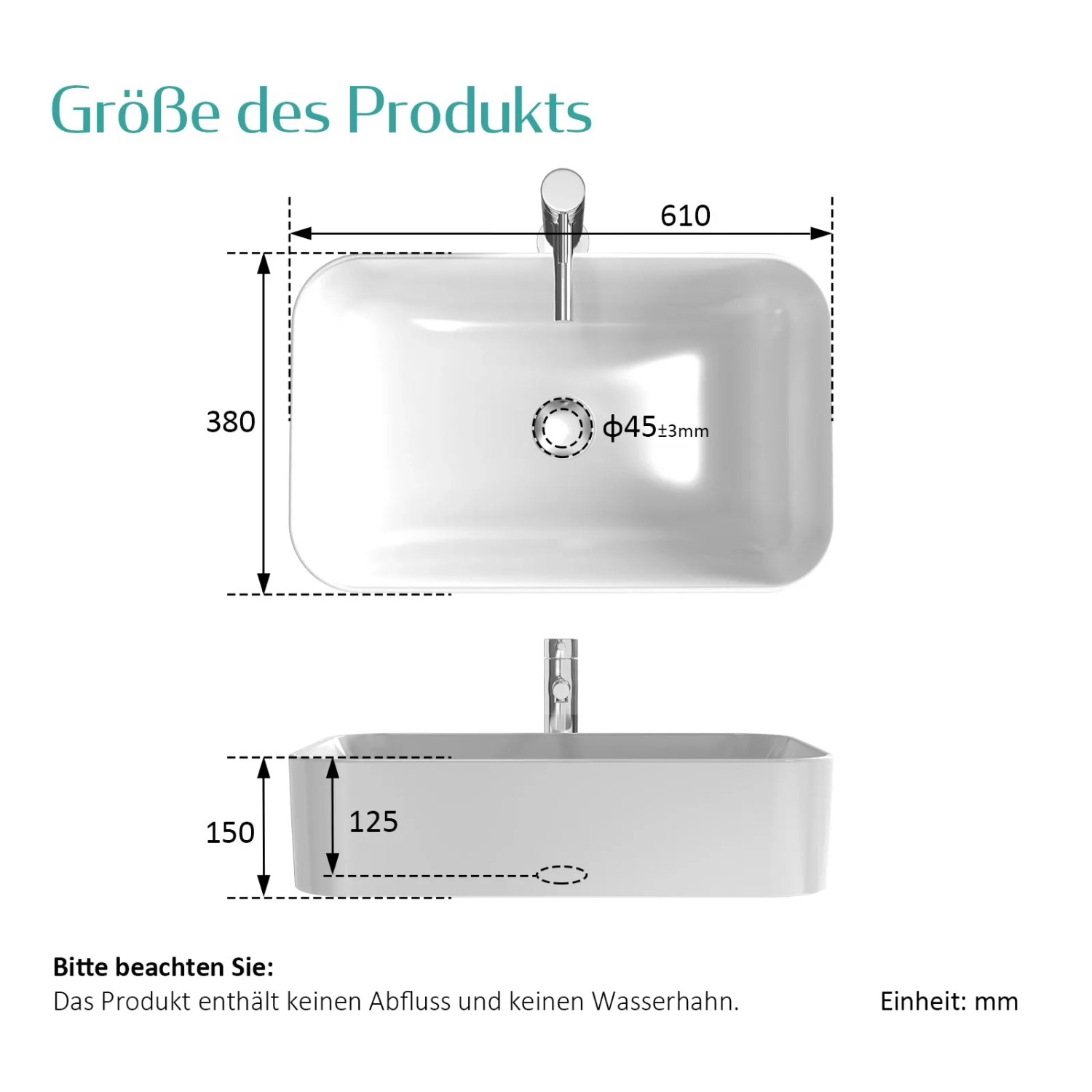 Skizze des weißen Emke Handwaschbeckens, eckig, 61x15x38cm, zur Aufsatzmontage. Maße sind eingezeichnet.