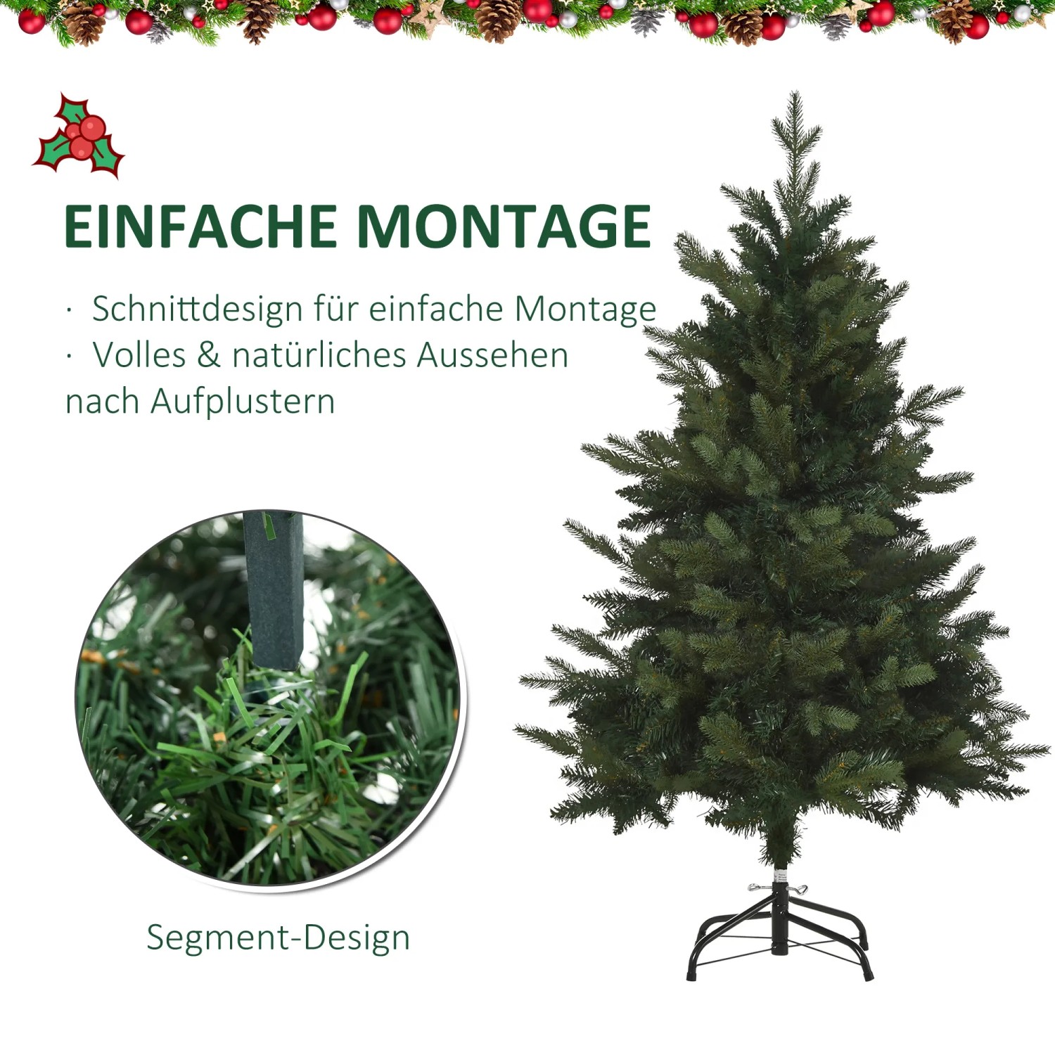 HOMCOM Weihnachtsbaum, 1,2 m Kunsttanne mit 657 Zweigen und Metallfuß.