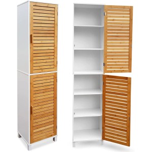 osoltus Bad Hochschrank Aarhus, weiß mit Bambustüren, geschlossen und offen mit Regalböden. Ideal für Nischen.