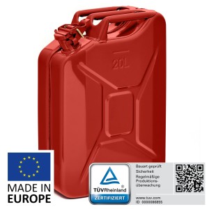 Roter 20L Metall Kraftstoffkanister, TÜV-geprüft, ideal für Benzin, Diesel und E10.