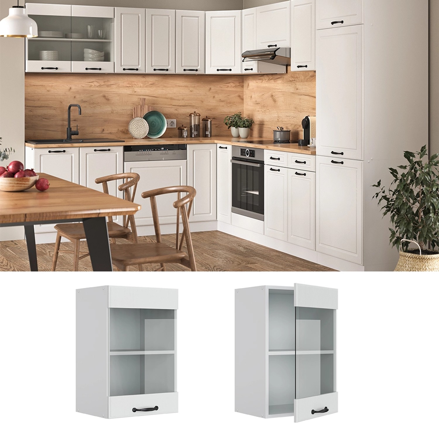 Vicco Küchenglasschrank R-Line, weißer Hängeschrank im Landhausstil, 40 cm breit.