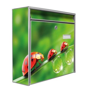 Silberner Banjado Briefkasten mit Marienkäfer-Motiv, inkl. Montagematerial und Namensschild.