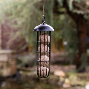 Schwarzer Metall Meisenknödelhalter für Wildvögel, gefüllt mit 4 Meisenknödeln, hängend im Garten.