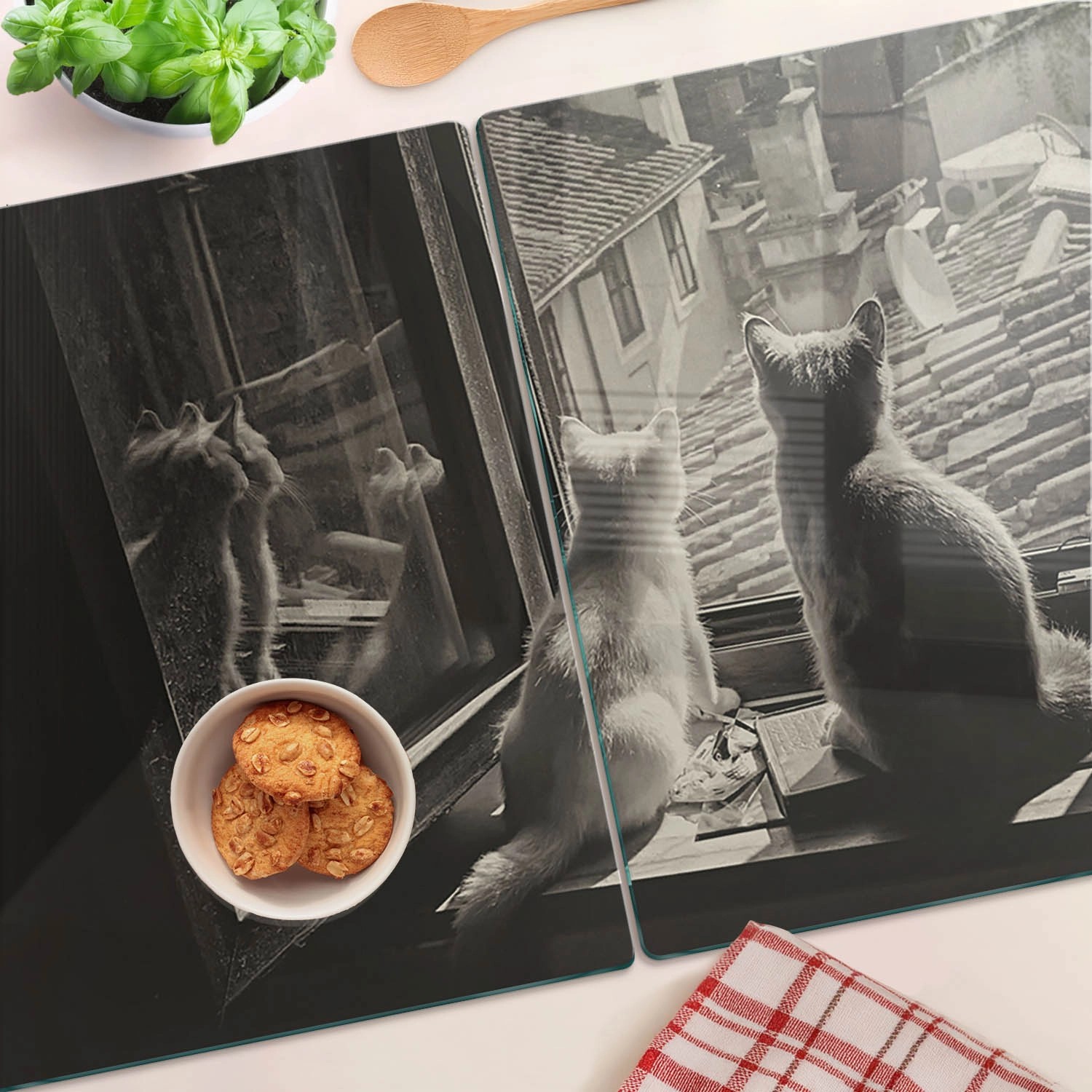 Tulup Herdabdeckplatte SET aus 2 Stück 40x52 cm Schneidebrett aus Glas Schutzplatte Spritzschutz Katzen im Fenster_4