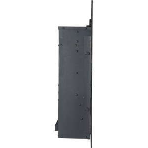 Seitenansicht des schwarzen Elektrokamins Rushmoor Heat. Schlankes, modernes Design für Wandmontage.